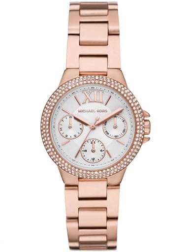 Michael Kors Camille Rose Gold Ladies Watch With Day Date Stainless Steel Strap
