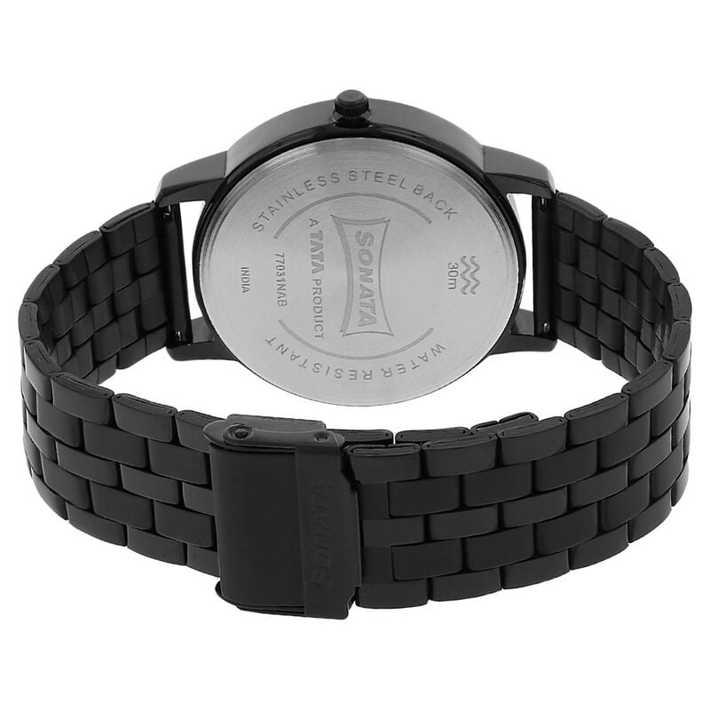 NP77031NM01W Sonata Quartz Analog Black Dial Stainless Steel Strap Watch for Men