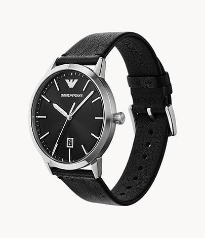 Emporio Armani Three-Hand Date Black Leather Watch and Bracelet Set AR80064SET