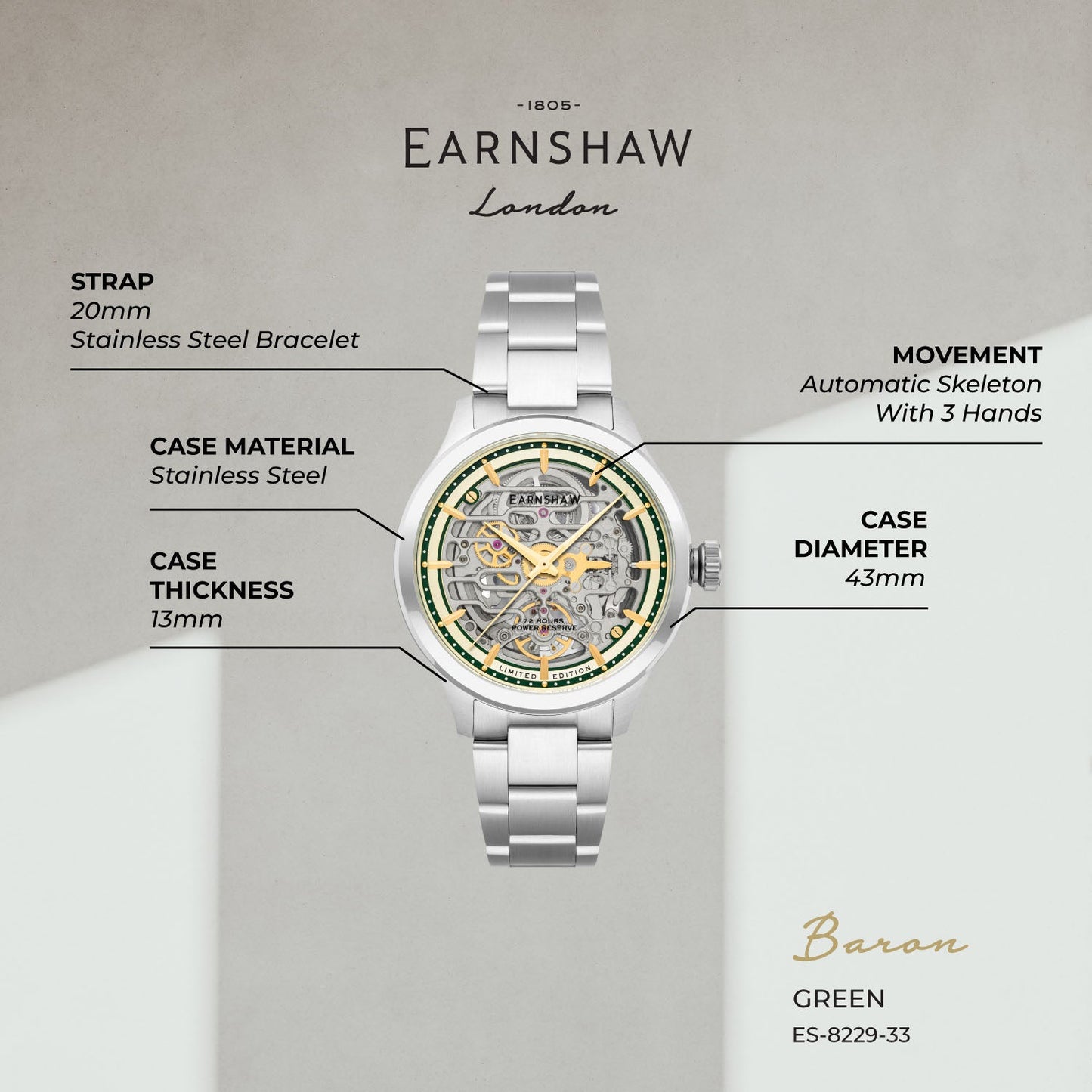 Limited Edition Automatic Skeleton 72 Hours Power Reserve Men's Watch - ES-8229-33
