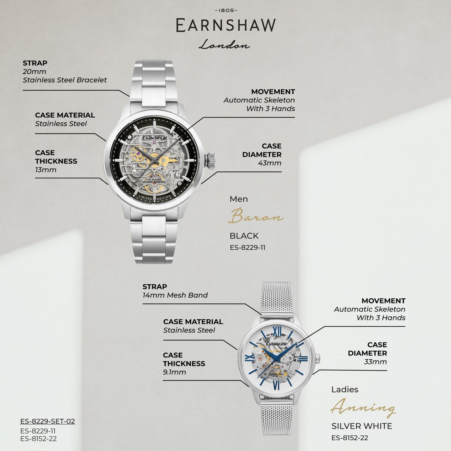 72 hours Power Reserve Automatic Couple Watch - ES-8229-SET-02