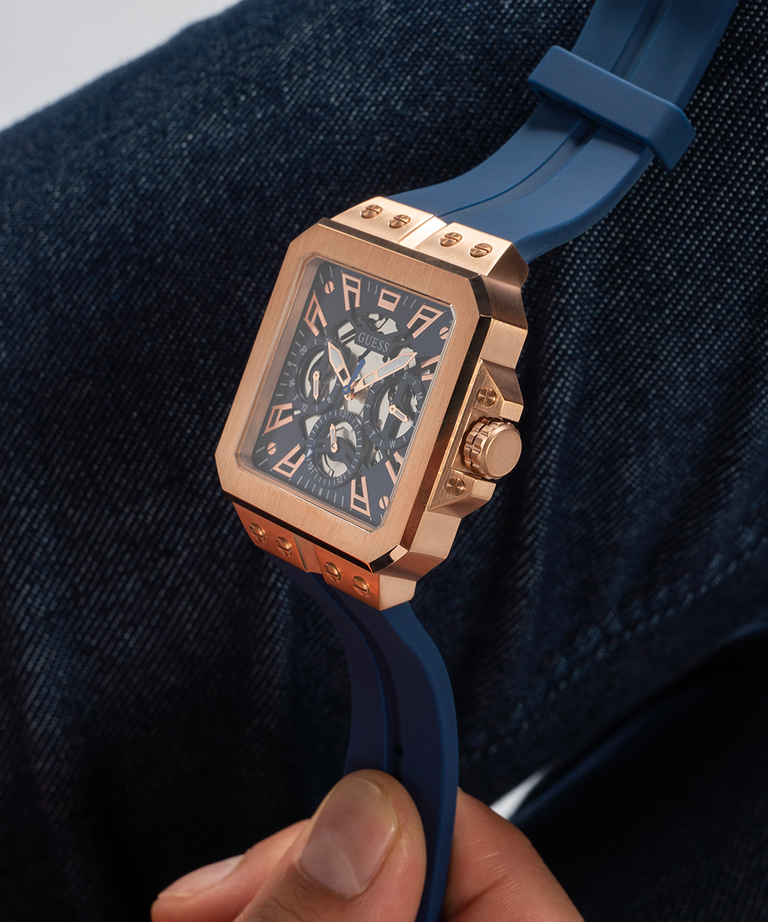 GUESS Mens Blue Rose Gold Tone Multi-function Watch-GW0637G3