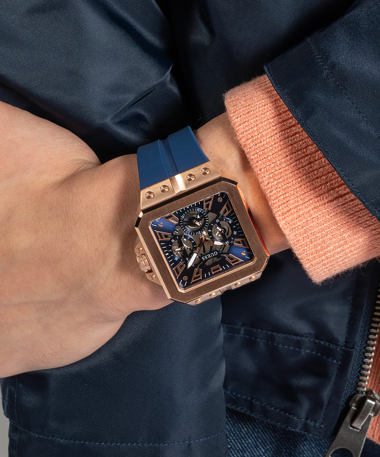 GUESS Mens Blue Rose Gold Tone Multi-function Watch-GW0637G3