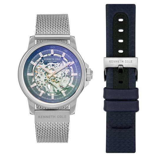 Kenneth Cole Grey Dial Silver Leather Strap Watch NDKCWGL2104101MN