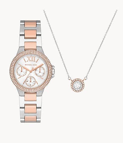 Michael Kors Mini Camille Multifunction Two-Tone Stainless Steel Watch and Steel Necklace Set MK1054SET