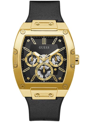 Guess Gold Tone Case Black Genuine Leather/Silicone Watch