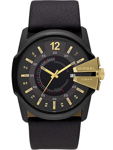 Diesel Men'S Master Chief Stainless Steel Quartz Watch With Leather Strap, Black