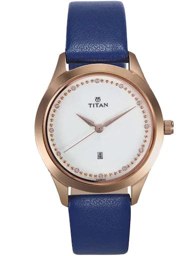Titan Sparkle White Dial Blue Leather Strap Women'S Watch Nn2570Wl02