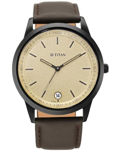 Titan Workwear Watch With Golden Dial & Leather Strap Np1806Nl02