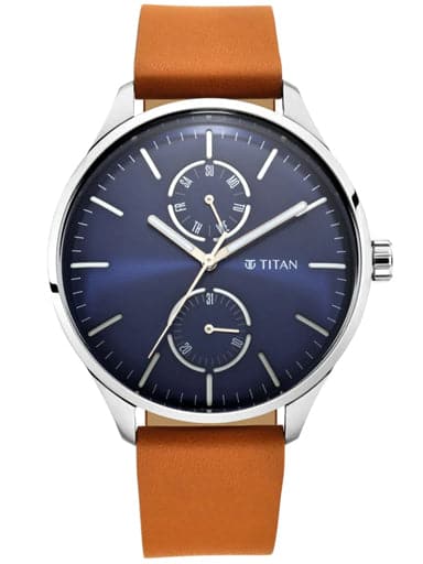 Titan Evoke Blue Dial Tan Leather Strap Watch Np1833Sl01