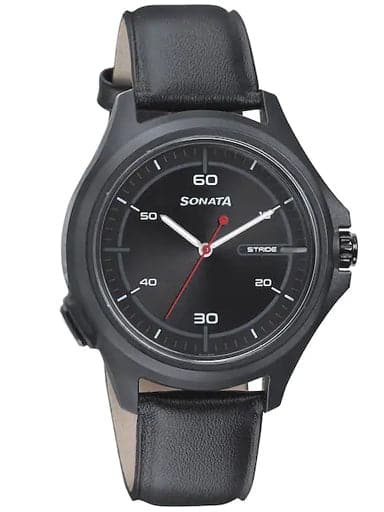 Sonata Stride - Hybrid Smartwatch With Black Dial & Black Leather Strap 7130Pl03