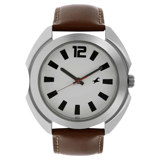 NR3117SL01 WHITE DIAL BROWN LEATHER STRAP WATCH
