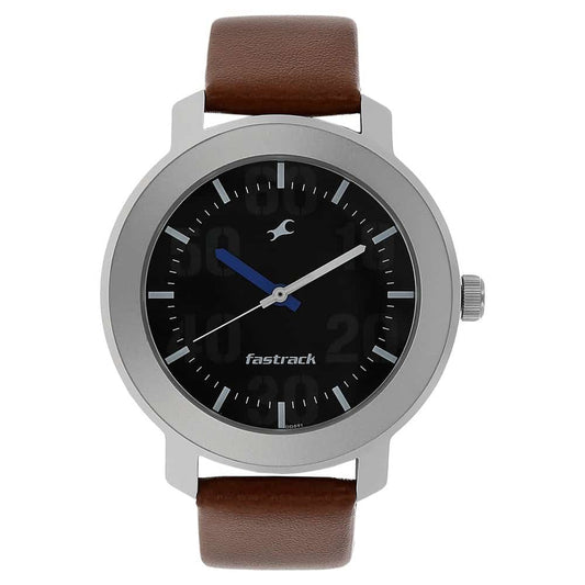 NR3121SL01 BLACK DIAL BROWN LEATHER STRAP WATCH