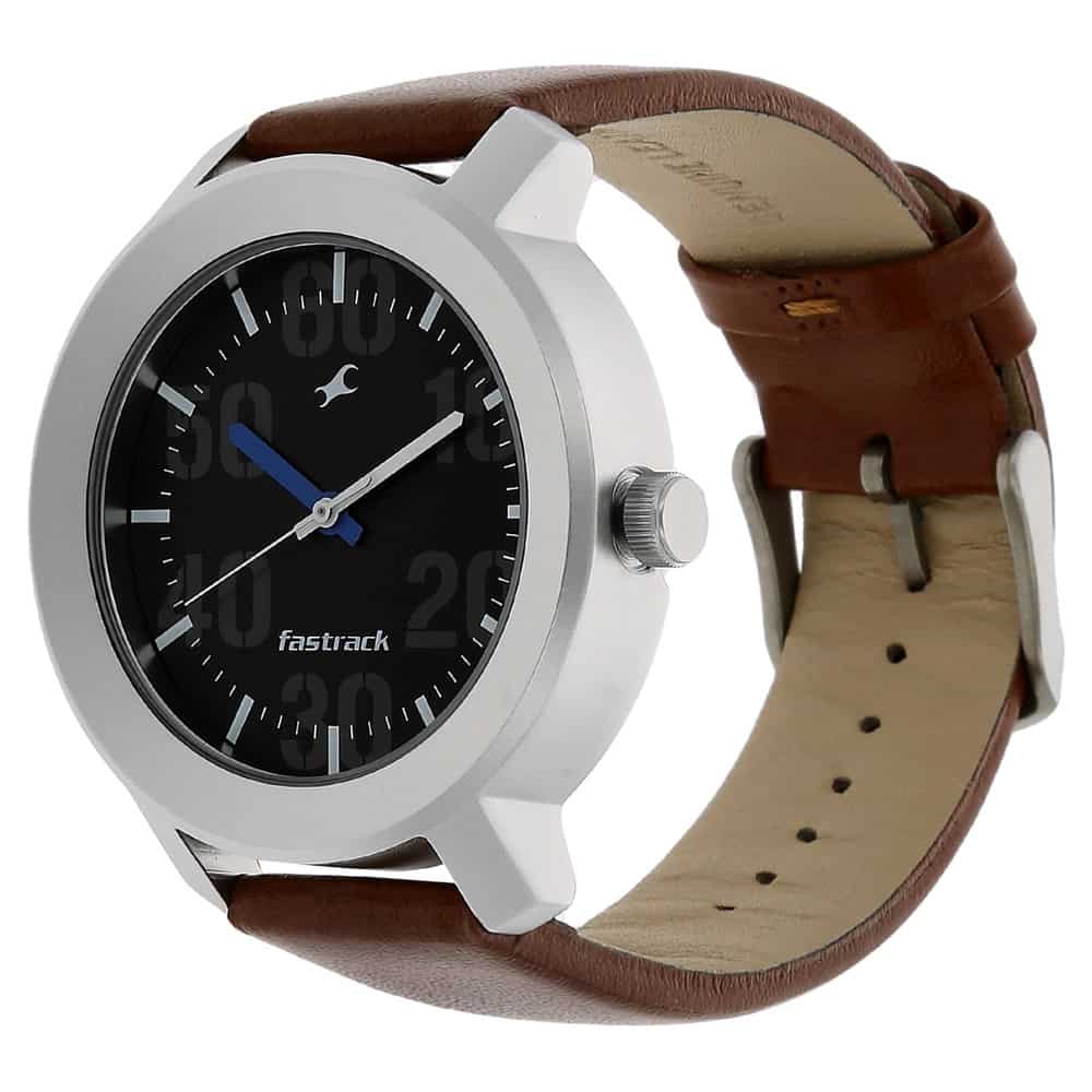 NR3121SL01 BLACK DIAL BROWN LEATHER STRAP WATCH