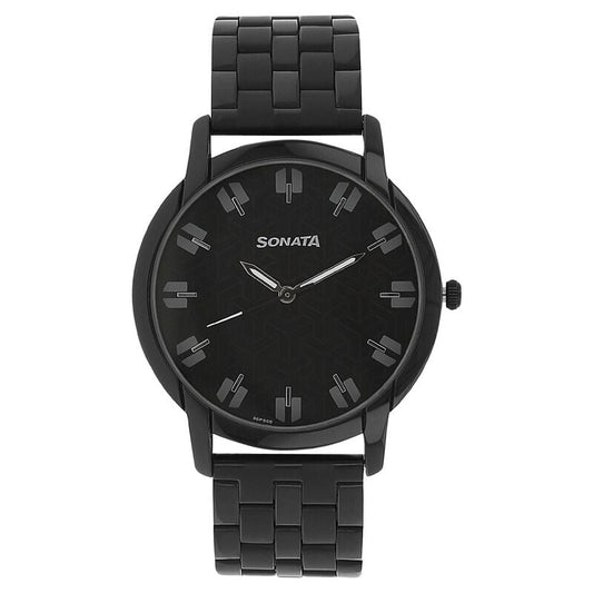 NP77031NM01W Sonata Quartz Analog Black Dial Stainless Steel Strap Watch for Men