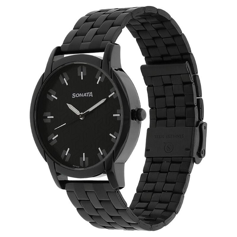 NP77031NM01W Sonata Quartz Analog Black Dial Stainless Steel Strap Watch for Men