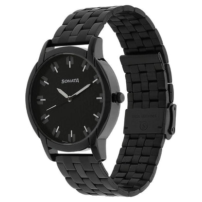 NP77031NM01W Sonata Quartz Analog Black Dial Stainless Steel Strap Watch for Men