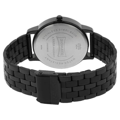 NP77031NM01W Sonata Quartz Analog Black Dial Stainless Steel Strap Watch for Men