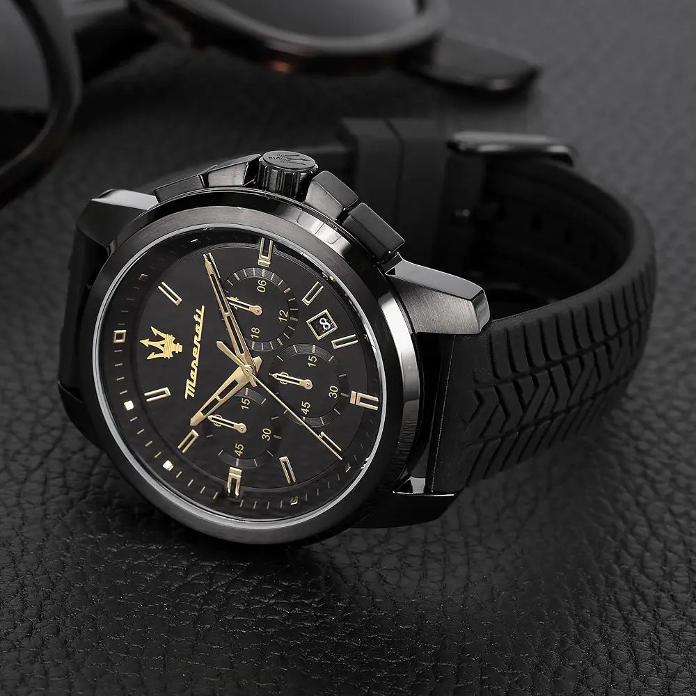 Maserati Men Successo R8871621011 Black Dial Silicone Quartz Fashion Analog Watch, Black Band