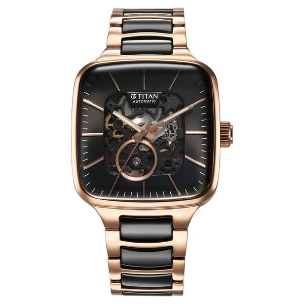 Titan Ceramic Fusion Automatic Square Black Dial Silver Dual-Toned Stainless Steel Bracelet Watch for Men