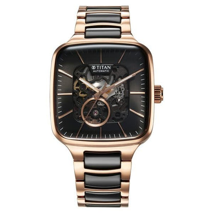 Titan Ceramic Fusion Automatic Square Black Dial Silver Dual-Toned Stainless Steel Bracelet Watch for Men