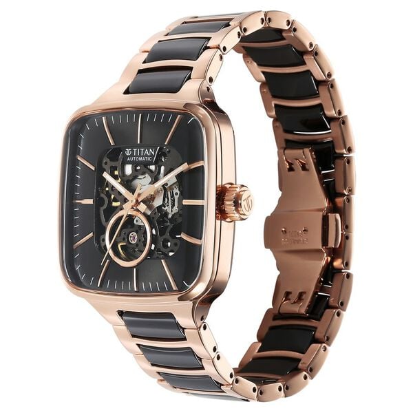 Titan Ceramic Fusion Automatic Square Black Dial Silver Dual-Toned Stainless Steel Bracelet Watch for Men