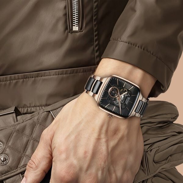 Titan Ceramic Fusion Automatic Square Black Dial Silver Dual-Toned Stainless Steel Bracelet Watch for Men