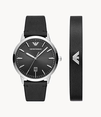 Emporio Armani Three-Hand Date Black Leather Watch and Bracelet Set AR80064SET