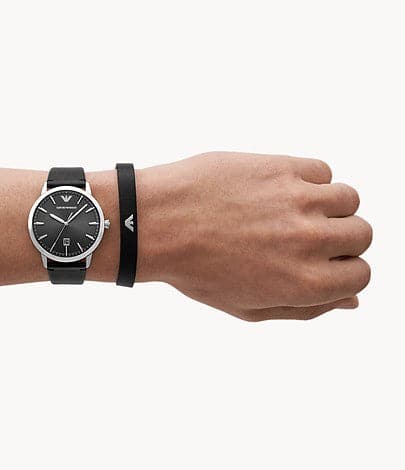 Emporio Armani Three-Hand Date Black Leather Watch and Bracelet Set AR80064SET