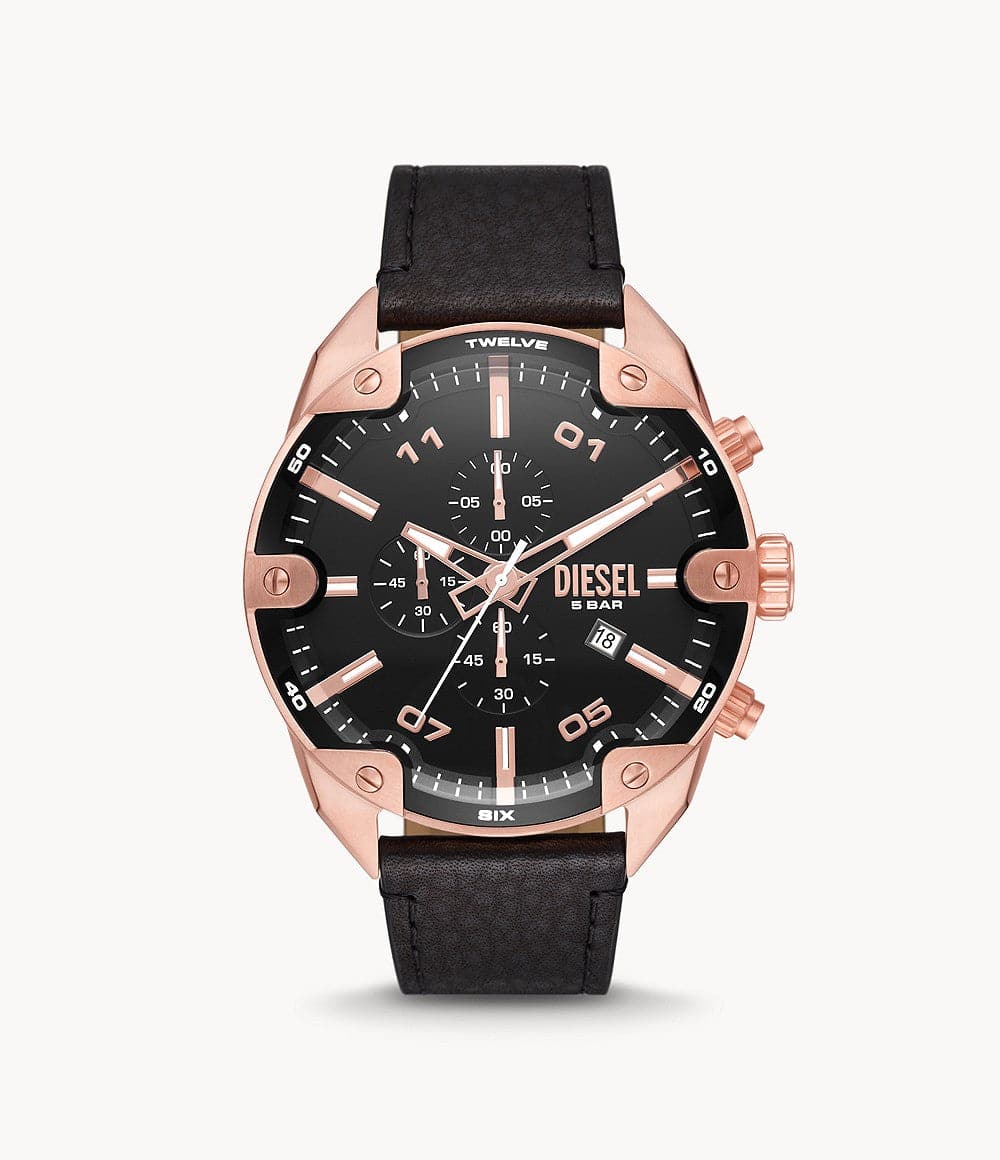 Diesel Spiked Chronograph Black Leather Watch DZ4607i