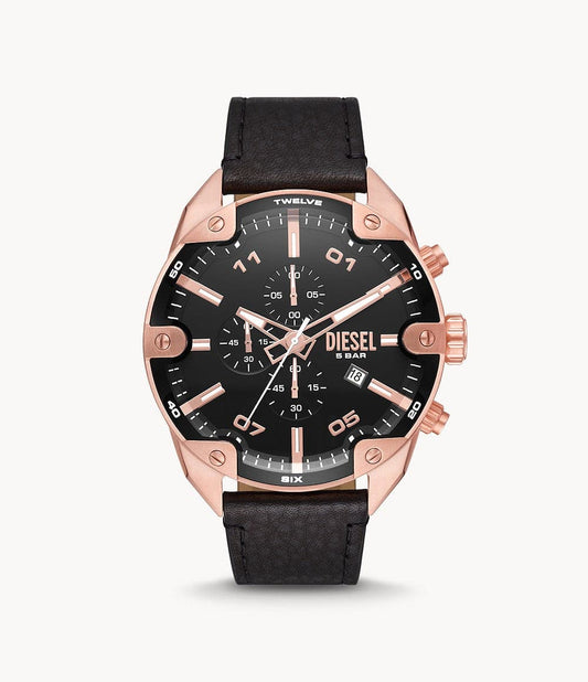 Diesel Spiked Chronograph Black Leather Watch DZ4607i