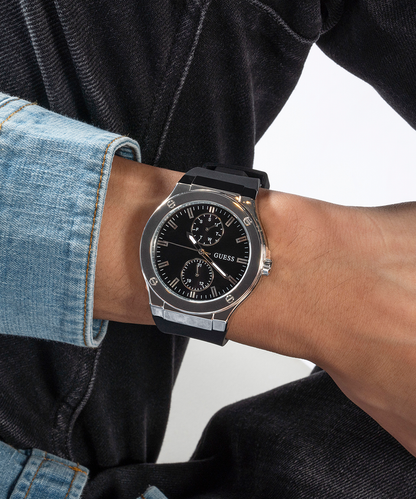 GUESS Mens Black Silver Tone Multi-function Watch-GW0491G3