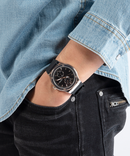 GUESS Mens Black Silver Tone Multi-function Watch-GW0491G3
