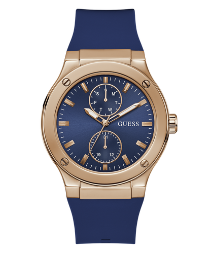 GUESS Mens Blue Rose Gold Tone Multi-function Watch