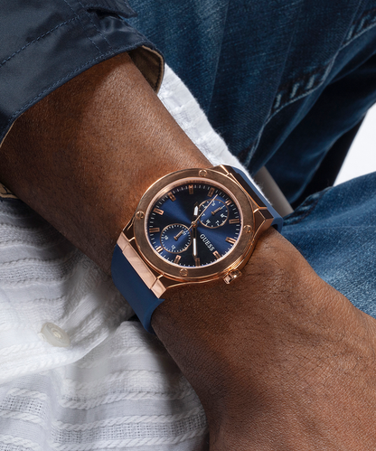 GUESS Mens Blue Rose Gold Tone Multi-function Watch