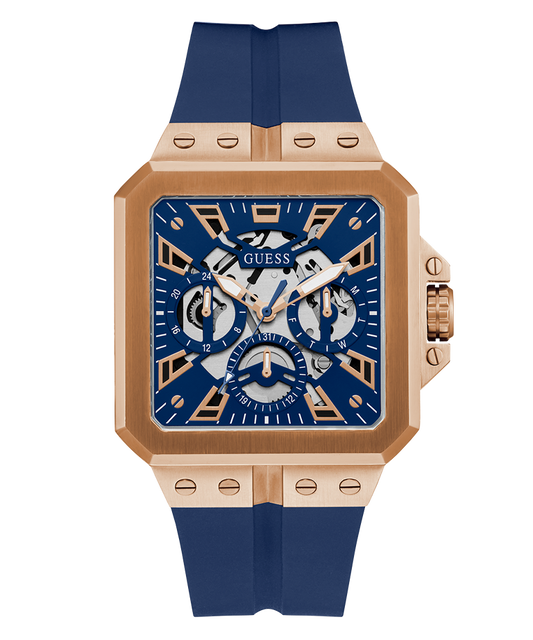 GUESS Mens Blue Rose Gold Tone Multi-function Watch-GW0637G3