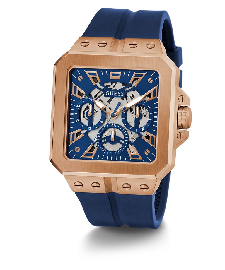 GUESS Mens Blue Rose Gold Tone Multi-function Watch-GW0637G3