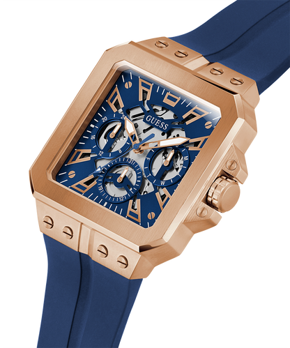GUESS Mens Blue Rose Gold Tone Multi-function Watch-GW0637G3
