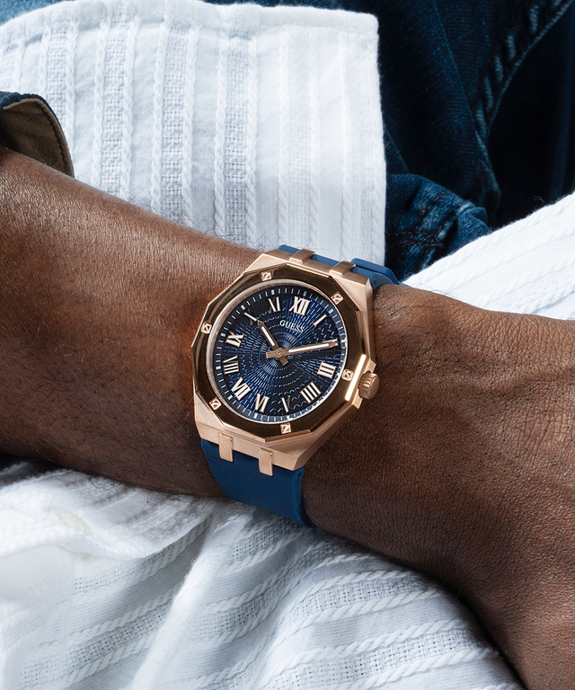GUESS Mens Blue Rose Gold Tone Analog Watch-GW0663G3