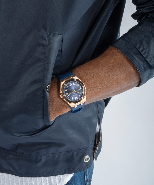 GUESS Mens Blue Rose Gold Tone Analog Watch-GW0663G3