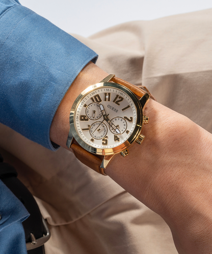 GUESS Mens Brown Gold Tone Multi-function Watch-GW0709G2