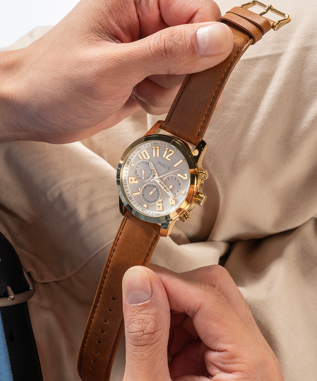 GUESS Mens Brown Gold Tone Multi-function Watch-GW0709G2